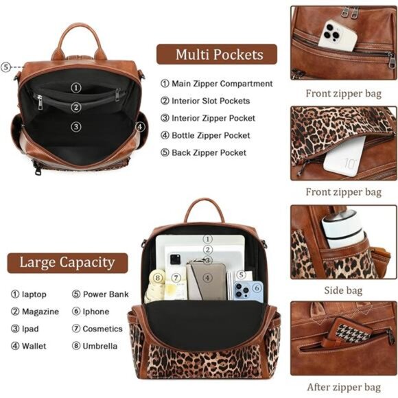 Vegan Leather Backpack for Women Leopard Brown - Picture 4 of 7